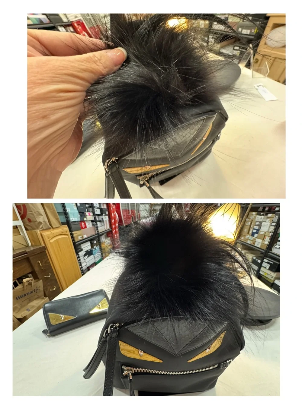 Fendi Black Nylon, Leather and Fur Monster Eyes Backpack full inclusion